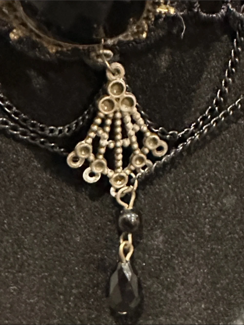 Victorian-Inspired Black Lace Choker Necklace with Gold Accents Chocker
